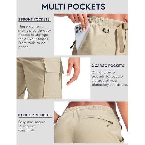 Haimont Women's 7 Inch Hiking Cargo Shorts with Belts Elastic Waist Nylon Quick Dry Water Resistant Camping Travel Trekking