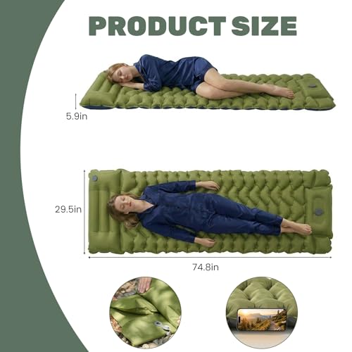 Inflatable Camping Sleeping Pad with Pillow and Foot Pump - 2 Pack, Lightweight and Compact for Tent, Backpacking, Hiking (Green)