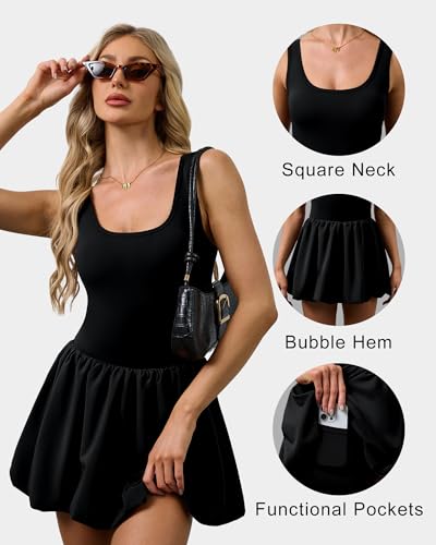 Women's Athletic Tennis Dress with Pockets - Bubble Hem, Medium/Black