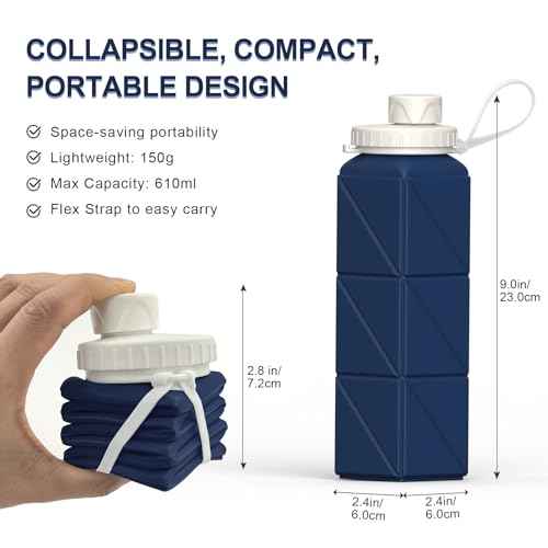 Collapsible Water Bottles 20.6oz, Silicone Foldable Portable Travel Water Bottle, BPA-Free, Leakproof Reusable for Traveling Camping Hiking Cycling Yoga Sports Outdoor, 1 Pack (Dark Blue)