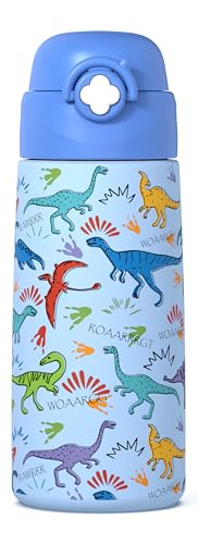 Kids Insulated Water Bottle with Pop-Up Straw 16oz Dinosaur Design - Blue