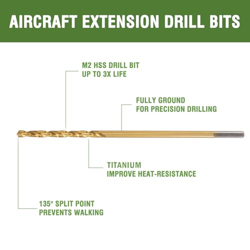 1/8 Inch x 6 Inch Titanium-Coated Drill Bits 6 Pack for Wood Plastic Metal - Long High-Speed Steel Aircraft Drill Bit with Split Point