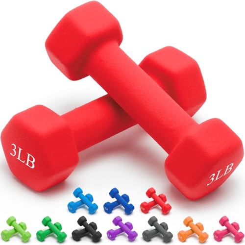 Red 3 lb Neoprene Dumbbells with Non-Slip Hex Shape - Pair for Total Body Workout