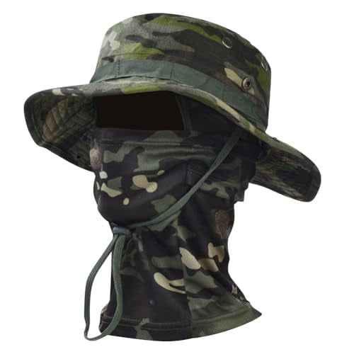 Camo Boonie Sun Hat with Balaclava Face Mask UV Protection Fishing Hat Bucket Hat for Hunting Hiking Military Tactical Safari