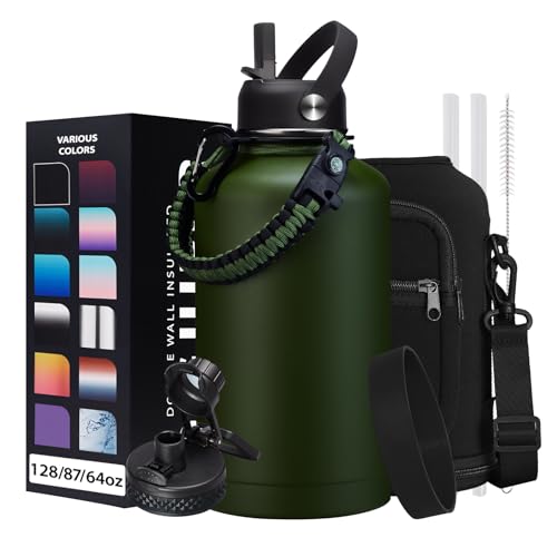 Army Green 64oz Insulated Water Bottle with Straw & Auto Spout Lid - Half Gallon Stainless Steel Hydration Jug with Paracord Handle