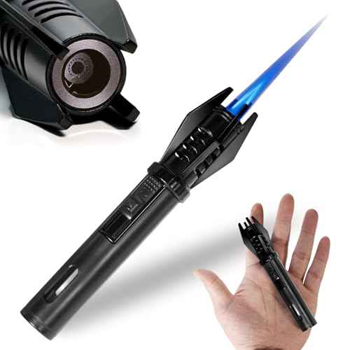 Camping Mini Torch Lighter Small Refillable Butane Lighters Pocket Tactical EDC Windproof Jet Flame with Visual Window for Hiking Survival Kitchen Candle Fireplace Home Party BBQ, 5" (Without Fuel)