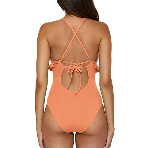 Lucky Brand Women's Sea of Love Ruffle One Piece Swimsuit, Plunge Neck, Bathing Suits