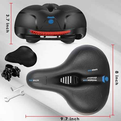 Comfortable Bike Seat, Bike Saddle with Memory Foam Padded, Wide Bicycle Seat with Dual Shock Absorbing and Night Reflective Strips for Men Women