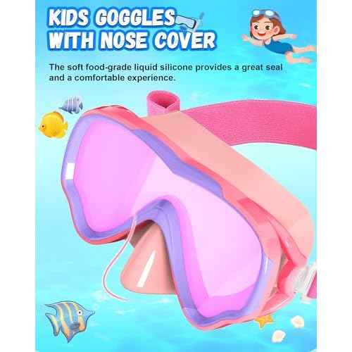 Kids Swim Goggles with Fabric Strap for Kids 3-15, Leak Proof Swimming Goggles Nose Cover 180¡Æ Clear View