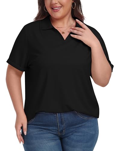 Plus Size Golf Polo Shirt for Women V-Neck Collared Short Sleeve Top - Black, XX-Large