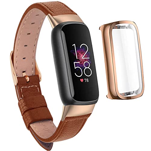 Elegant Slim Leather Watch Band for Fitbit Luxe - Rose Gold Brown