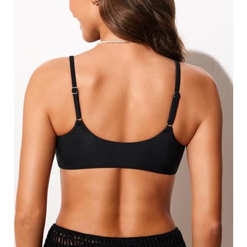 DOBREVA Women's Bikini Top Scoop Neck Bathing Suit Tops Ribbed Adjustable Straps Swimsuit Sexy Padded Swim Bra