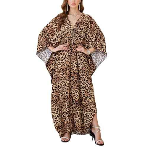Women's Plus Size Animal Print V-Neck Batwing Kaftan Beach Dress Bathing Suit Cover-Up Loungewear