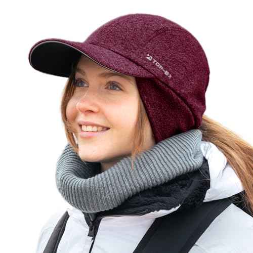 TOP-EX M/L/XL Unisex Water-Repellent Baseball Cap with Ear Flap Ponytail Hole Reflective Winter Hat Fleece Lining Hat