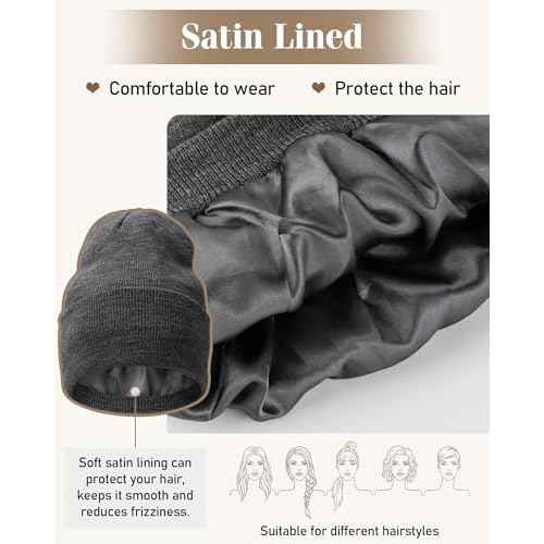 Senker Fashion 3 Pack Satin Lined Beanie Hats for Women Men, Winter Silk Beanies Knit Soft Warm Cuffed Hat Slouchy Caps