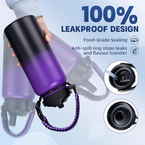 Purple Black Insulated 32 oz Stainless Steel Water Bottle with Leak Proof Lids & Paracord Handle