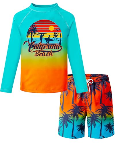 Kids Boys Swim Set with Rash Guard & Trunks - Orange Green Beach and Coconut Tree, Size 5-6 Years