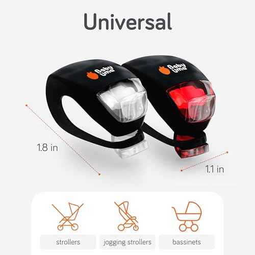 Baby Uma LED Stroller Lights (4-Pack) - Universal with 3 Light Modes (Constant/Pulse/Strobe), Buggy & Bike Lights Front and Back (2 White Headlights & 2 Red Taillights), Clip-On Bike Light