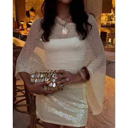 KMBANGI Women Sheer Knit Poncho Lightweight See Through Shrug Bolero Sweater Top Mesh Knit Shawl Wraps Cover Up