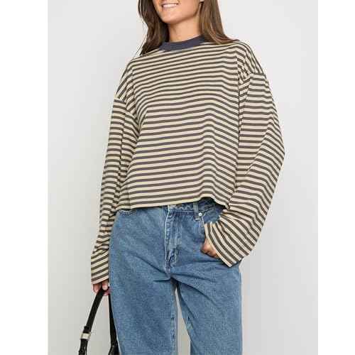 Women Y2k Long Sleeve Fairy Grunge Striped Baggy Tees Shirts 2000s Emo Aesthetic Sweater Crop Tops Streetwear