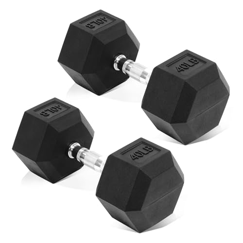 Fitvids Rubber Encased Hex Dumbbell, Hand Weights with Anti-Slip Cast Iron Grip for Exercise & Fitness, Weights Dumbbells Set of 2 for Strength Training, 5-50 LBS Pair