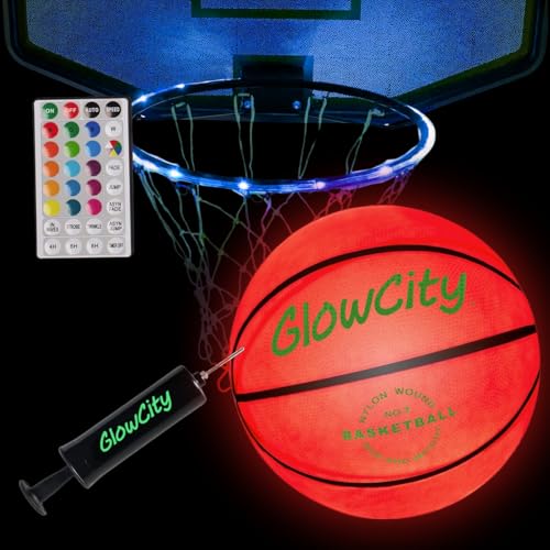 GlowCity Size 7 Glow in The Dark Basketball with Rim Light Set, 29.5-inch Rubber Ball, Pump Included