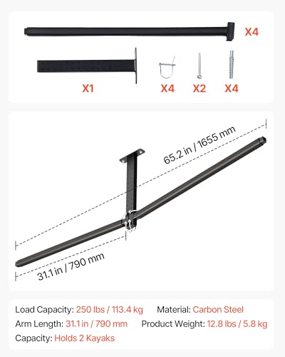 Heavy Duty Black Ceiling Kayak Storage Rack for 2 Kayaks - Adjustable Garage Mount