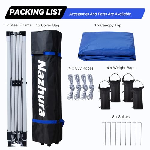 Nazhura 10' x 10' Pop Up Canopy Tent with Sand Weight Bag, Freestanding Sun Shelter for Picnic and Camping, One Person Setup and Height Adjustable (Blue)