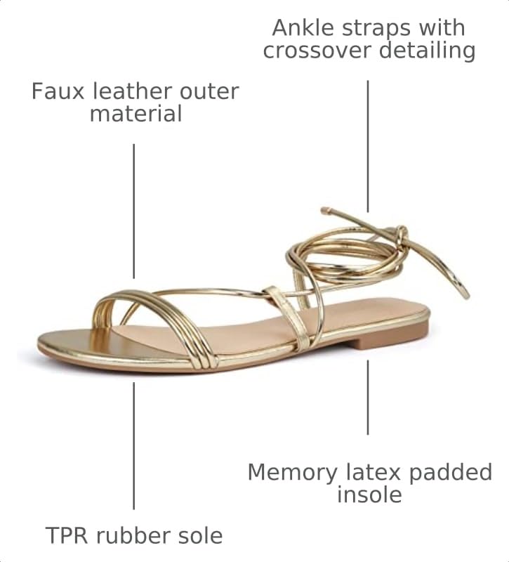 Party Women's Lace Up Flat Sandals Tie Up Open Toe Ankle Strap Shoes - Gold 8