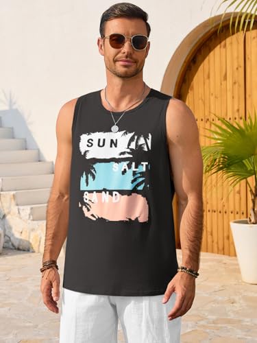 Mens Sleeveless Tank Top with Graphic Hawaiian Shirt Design - Summer Beachwear, Black, X-Large