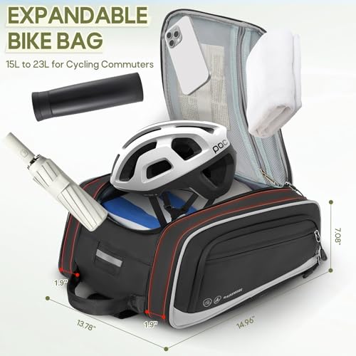 Rainsmore Expandable Bike Trunk Bag - 15L to 23L Black Bicycle Rear Rack Storage