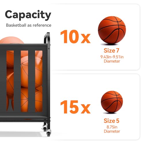 niffgaff Large Rolling Ball Storage Cart ? Metal Ball Bin with Lockable Wheels and Elastic Straps, Holds Basketballs, Soccer Balls, Toys and Sports Equipment, Indoor & Outdoor Organizer ? Black