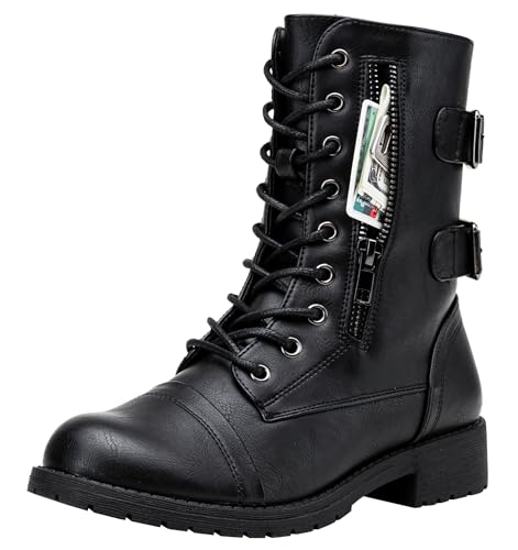 Women's Lace Up Mid Calf Combat Boots with Pocket - 8.5 / A-High Combat-Black