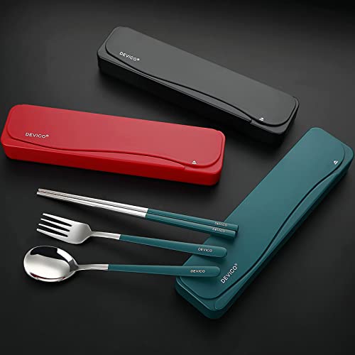 Dark Green Travel Utensils Set with Case - 4Pcs Stainless Steel Cutlery for Camping, School, Office