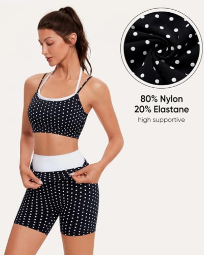 OMKAGI Women's Workout Sets Polka Dot Black White 4.5-Inch Shorts & Sports Bra