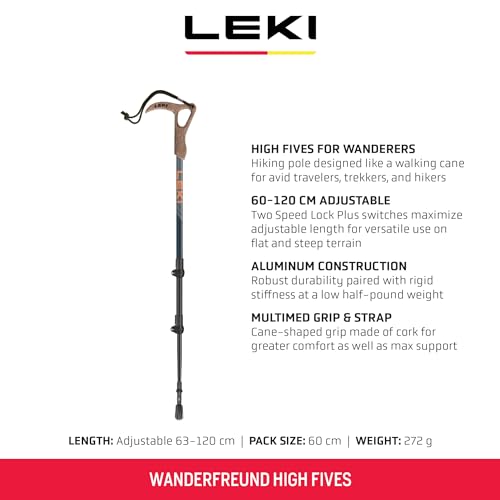 LEKI Wanderfreund High Fives Aluminum Adjustable Lightweight Walking Pole (Single) for Trekking & Hiking