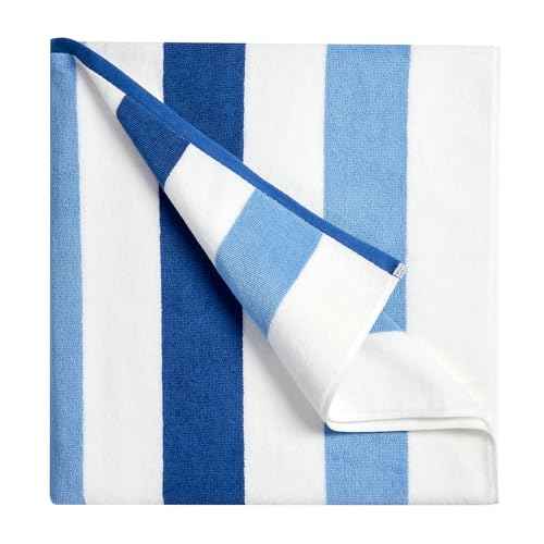 Cotton Oversized Beach Towel - Extra Large 40"X70" Plush Thick Pool Towel, XL Fluffy Blue Beach Towels Stripe Swimming Towel for Adults Mens Women (White Navy Blue)