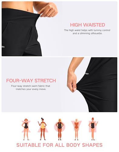 Large Black Women's 11-Inch Long High-Waisted Swim Shorts with Pockets - Modest Beach Board Shorts