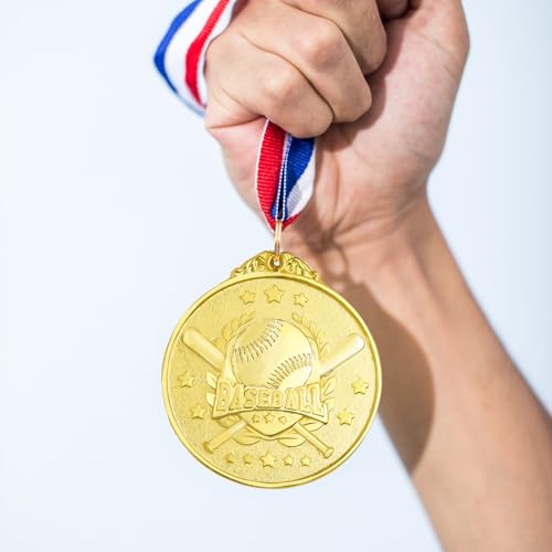 12 Pcs Golden Baseball Medals 2 Inch with Ribbon for Sports Awards Kids