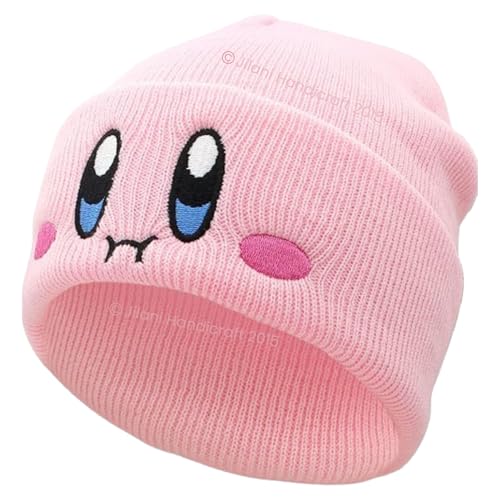 Kids Anime Beanie Hat Pink - Cute Kawaii Slouchy Embroidered Face Knit Cap for Adults