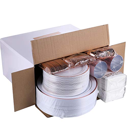 Disposable Dinnerware Set with Rose Gold Rim - 350 Pieces for 50 Guests