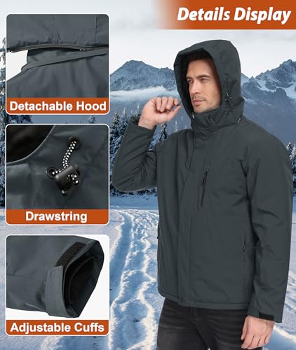 Men's Waterproof Snow Ski Jacket - Insulated Hooded Coat, Fleece Lined, Deep Grey, Medium