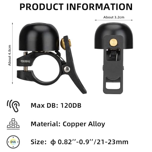 Black Bike Bell Loud Copper Alloy Classic Bicycle Bell for 21-23mm Bars