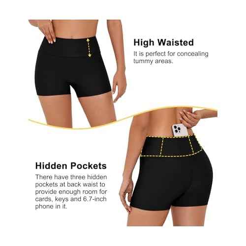 Tournesol Women's 3" Swim Shorts High Waisted Bathing Suit Bottoms Seamless Board Shorts UPF50+ Boyshorts with Pockets
