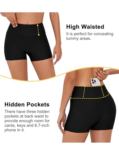 Women's High Waisted Swim Shorts 3 Inch Bathing Suit Bottoms - Medium Black