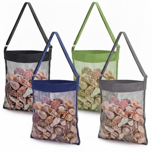 VioraWhite Mesh Beach Bags 4 Pack, Dark Blue, Black, Army Green, Grey