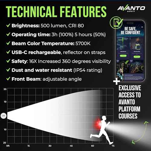 AVANTO PRO Chest Light, Original, USB-C Rechargeable, Running Lights for Runners, 500lm Adjustable Beam, 3-5h Use Time, Running Headlamp Flashlights, Walking Lights for Night Walking, Yellow