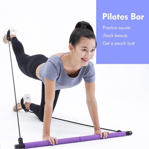 Pilates Bar Kit with Resistance Bands, at Home Workout Equipment Resistance Bands with Bar Pilates Kit Multifunctional Pilates Bar for Women & Men Gym Pilates Yoga Fitness(Purple)