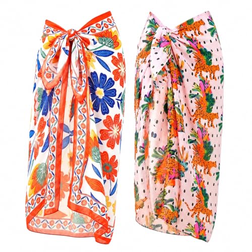 Women Sheer Beach Sarong with Tropical Floral Print - Long Bikini Cover Up, Multicolor
