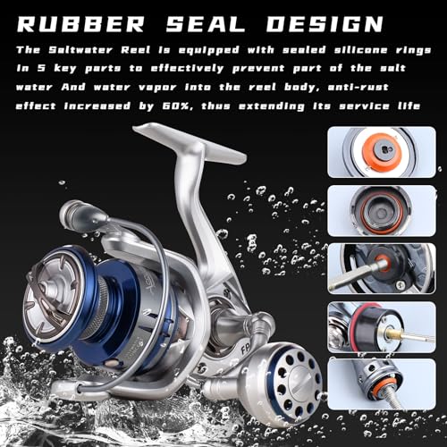 Saltwater Spinning Reel 13+1BB Carbon Drag Waterproof Aluminum Spool - Silver & Blue 6000